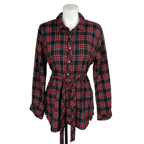J Jill Women  Blouse Large Popover Tunic Tartan Plaid Button Belted Preppy - Picture 1 of 10
